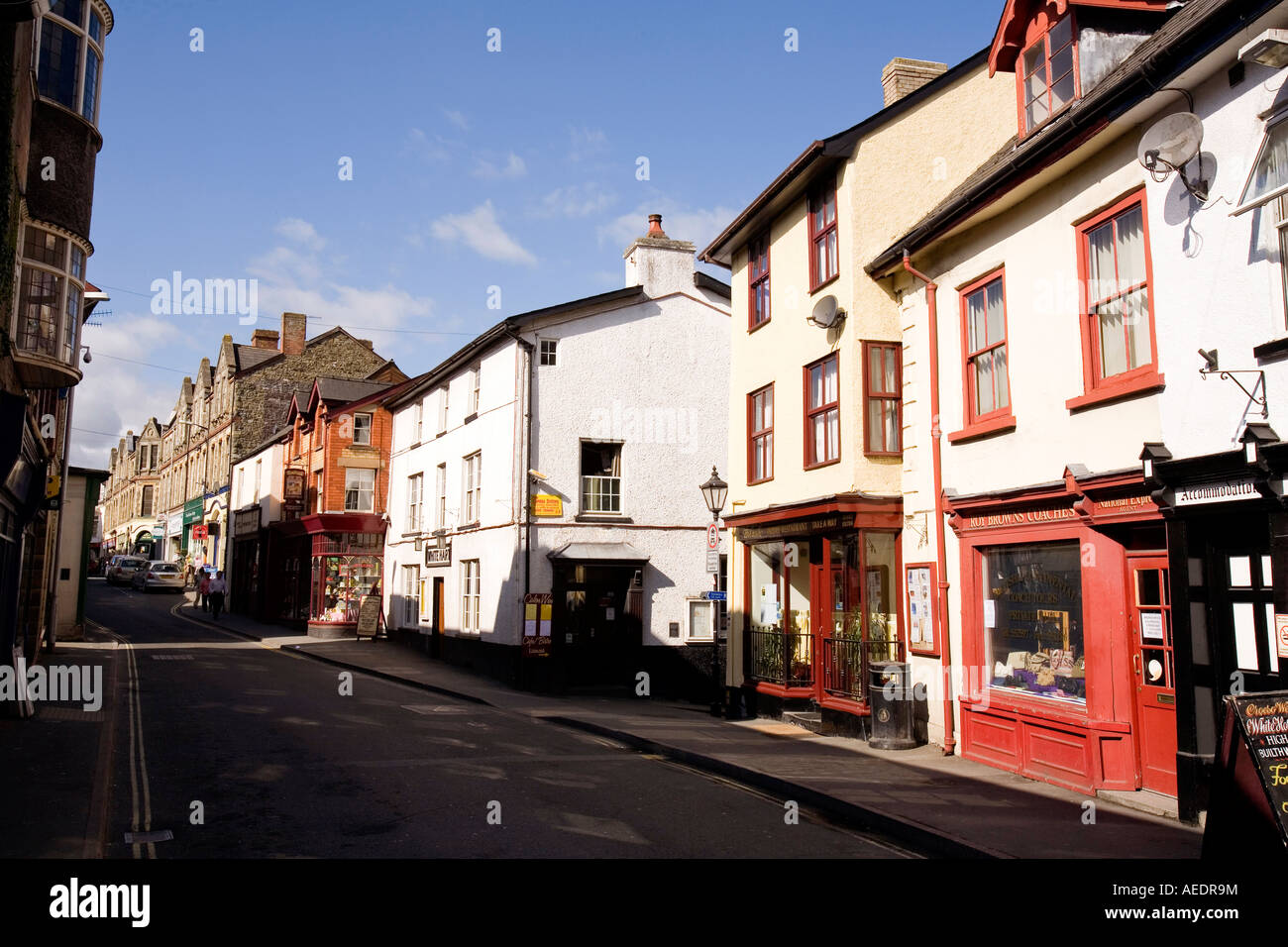 UK Wales Powys Builth Wells High Street site of T Llewellyn Pritchards bookshop author of Twm Sion Cati Stock Photo