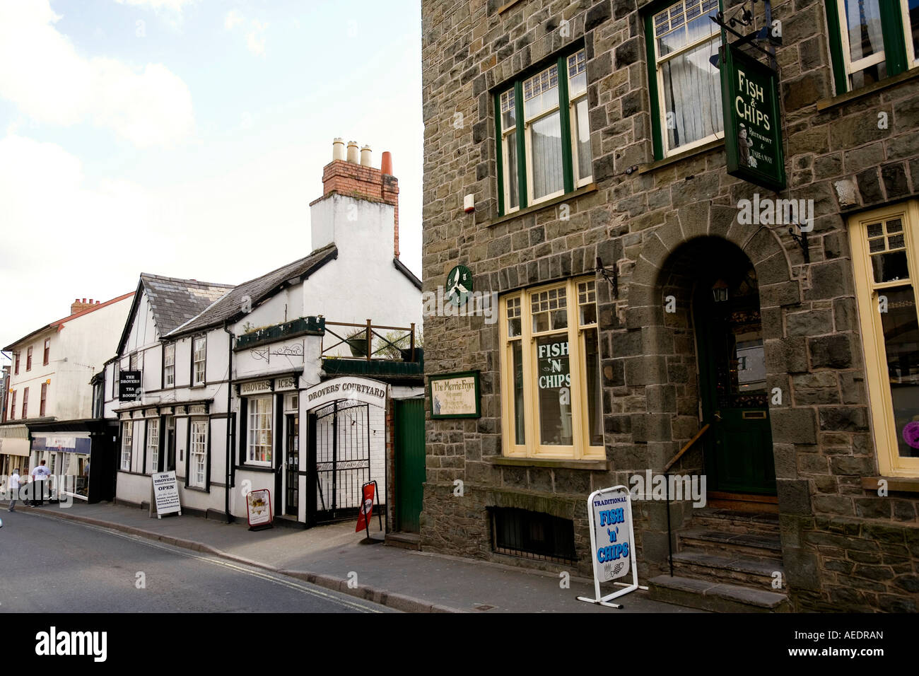 UK Wales Powys Builth Wells High Street Drovers Tea Rooms and chip shop Stock Photo
