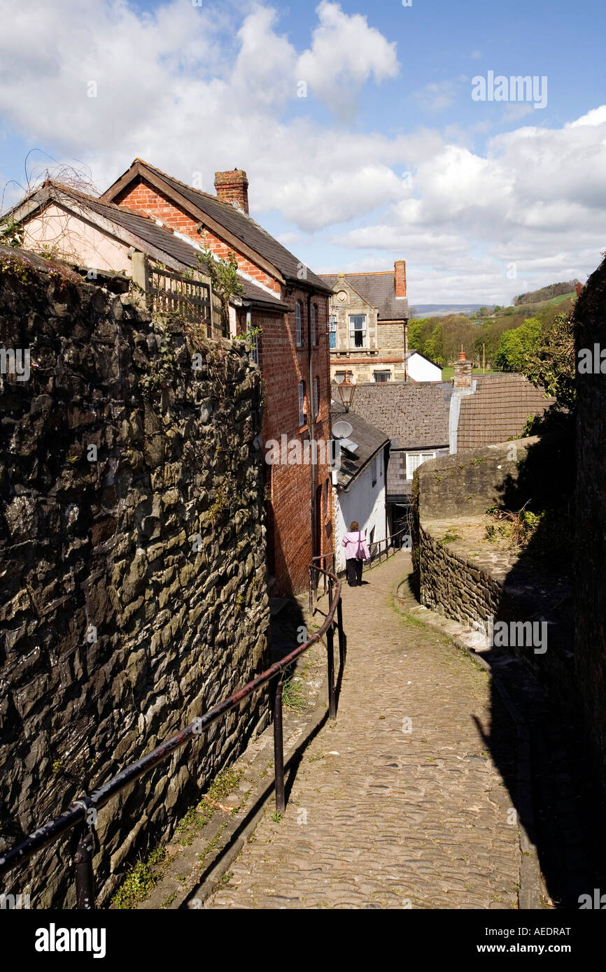 UK Wales Powys Builth Wells Ruth Lane cobbled path from Bank Square the old Market Place down to High Street Stock Photo