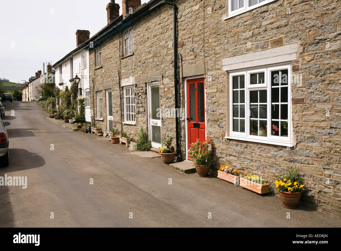 UK Shropshire Clun Newport Street terraced houses with no pavement