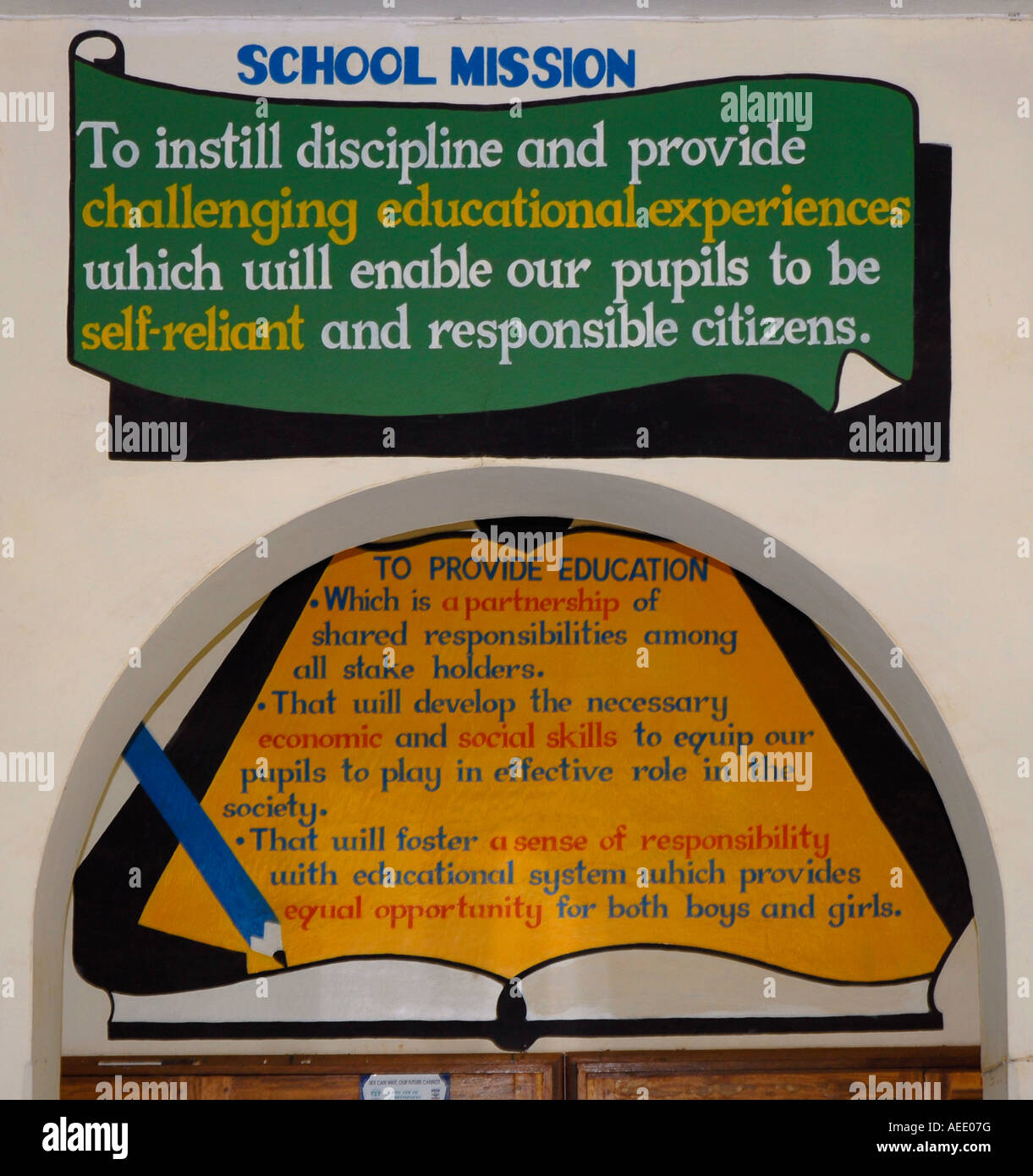The school mission statement inside the main entrance to the Victoria Primary School Kisumu Kenya East Africa Stock Photo