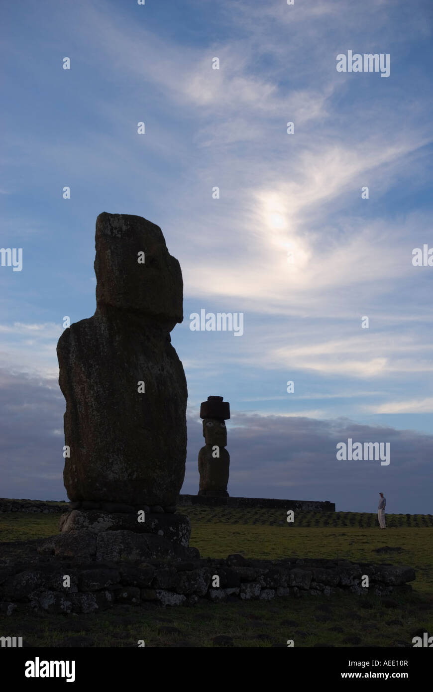Carved figures, or moai, near Hanga Roa on Easter Island. Stock Photo