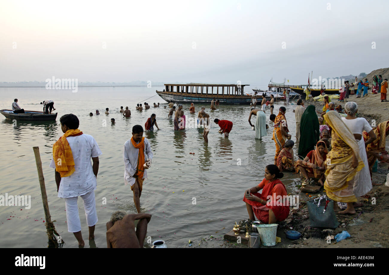 Morning ritual bath. Assi Ghat. Ganges river. Varanasi. India Stock ...