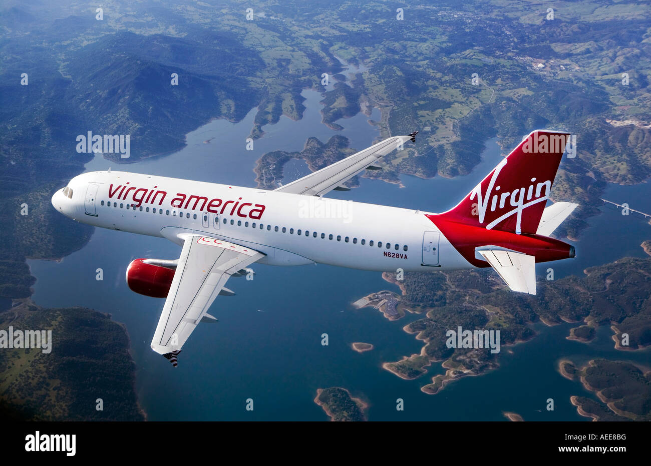 aerial air to air Virgin America air lines Airbus A320 over northern California Stock Photo