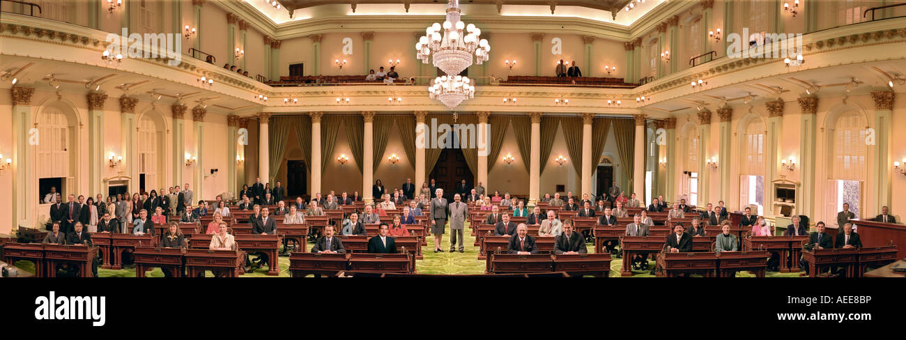 Panoramic group photograph California State Assembly elected officials in legislative chambers Stock Photo