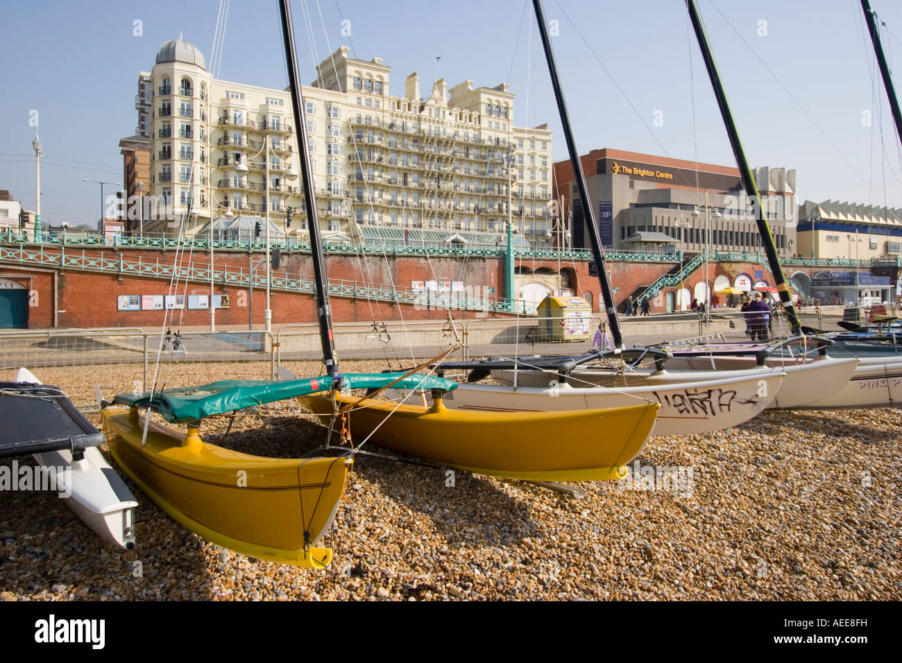 Yachts on the beach in Brighton Stock Photo