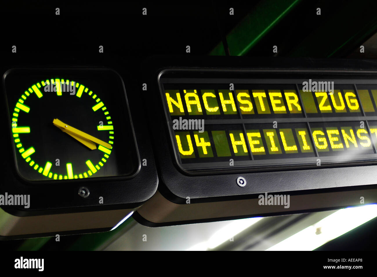 Vienna, Karlsplatz underground station, Metro, clock, luminous sign Stock Photo