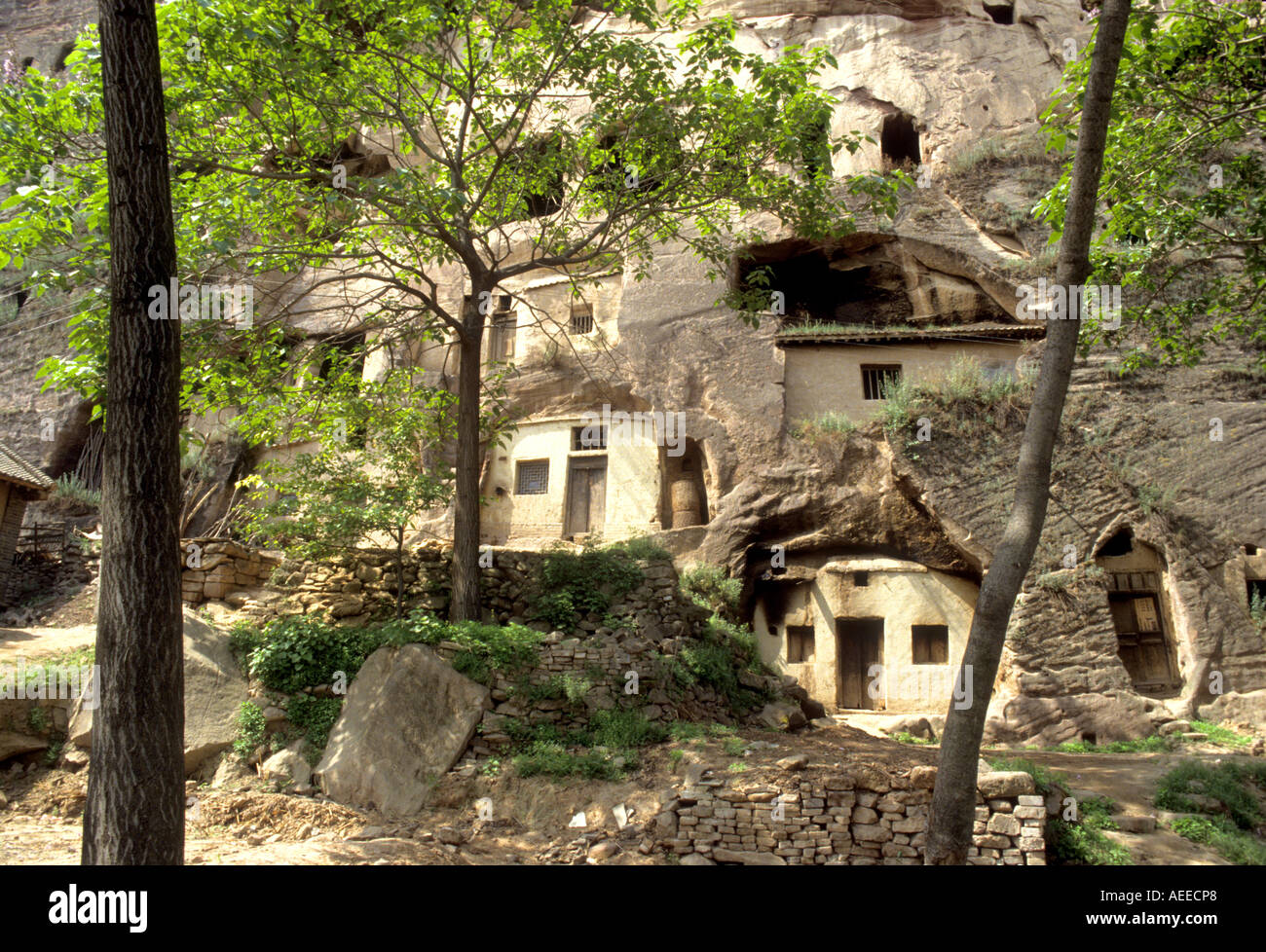 In remote parts of western China Troglodyte dwellings were being lived  in during the  1990s Stock Photo