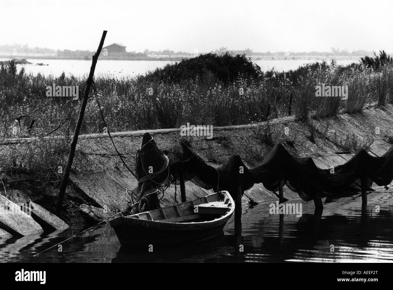 Fishing nets on the Canal du Midi Bouches du Rhone area Camargue France vintage monochrome shot from 1976 Stock Photo