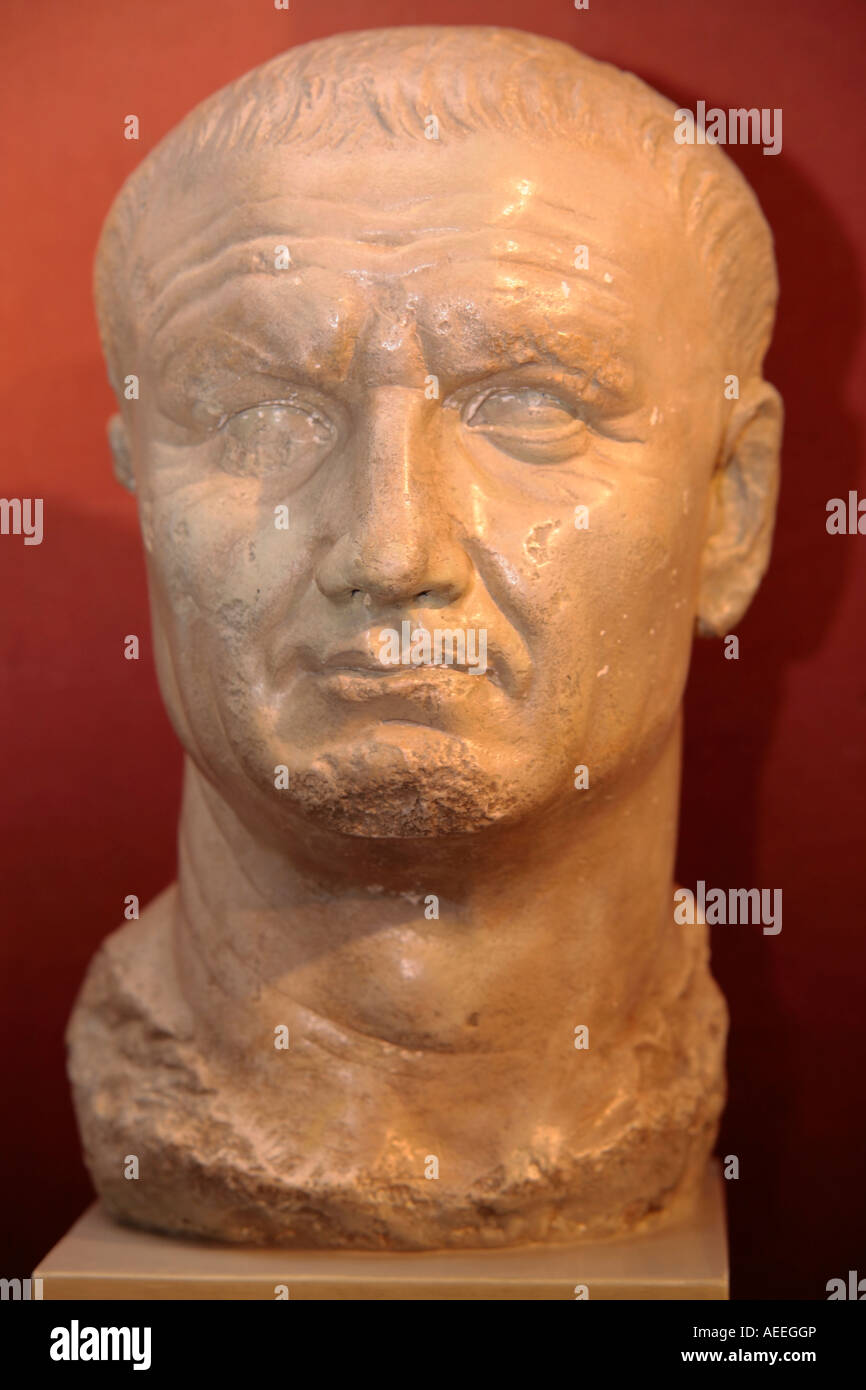 Bust of the Emperor Vespasian on display at Fishbourne Roman palace, West Sussex, England Stock Photo