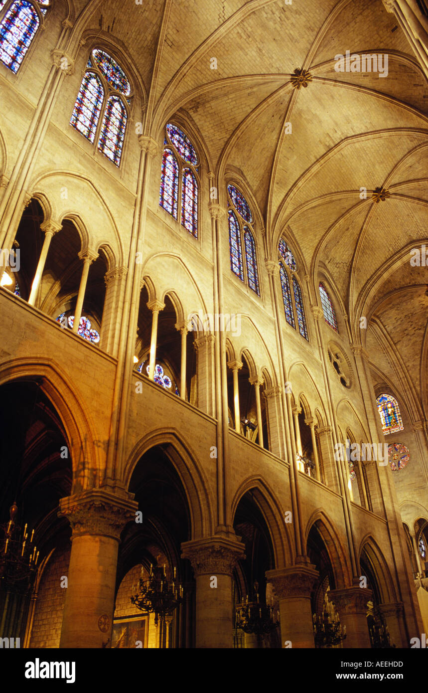 An interior view of Notre Dame Cathedral in Paris prior to the devastating April 15 2019 fire. Pope Alexander III laid the first stone in 1163. Stock Photo
