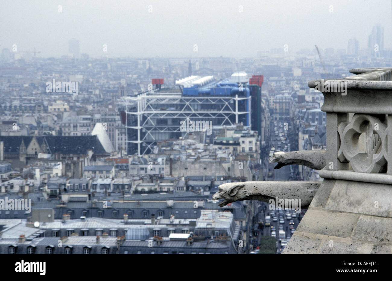 A view of the Pompidou Center in Paris from the top of Notre Dame Cathedral prior to the devastating April 15, 2019 fire. Stock Photo