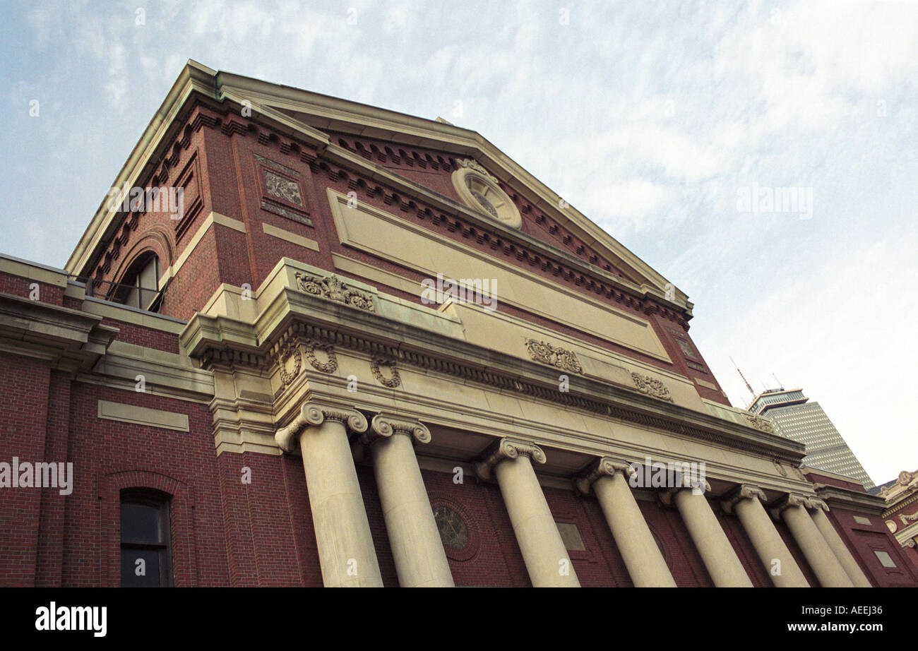 Looking up at Huntington Avenue gable of Symphony Hall in Boston Massachusetts Stock Photo