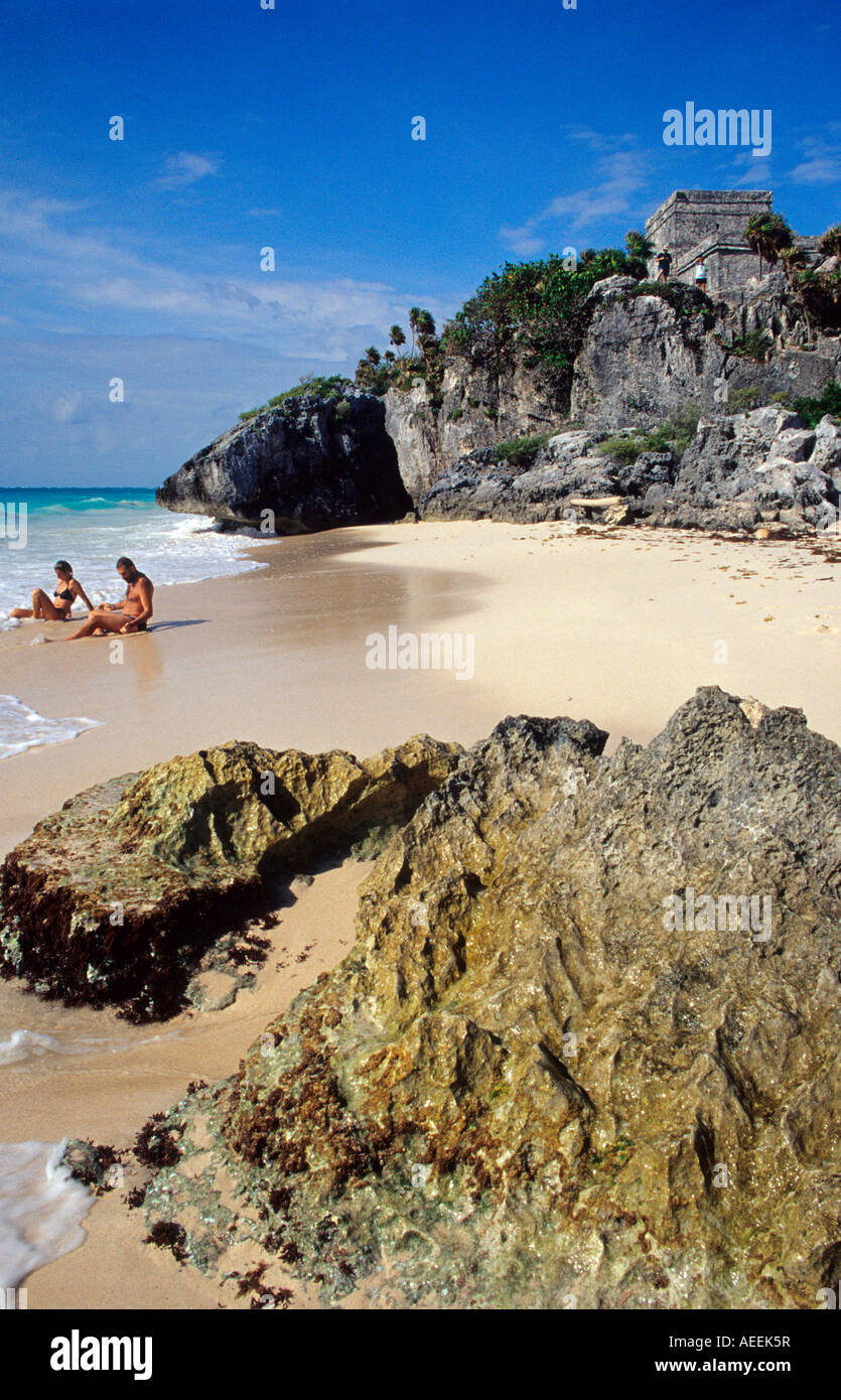 Tourist on Tulum beach . El Castillo in background . Mexico Yucatan ...