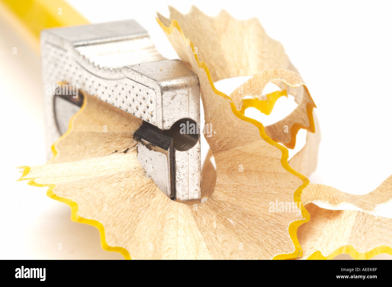 pencil sharpener sharp sharpen work school education teacher teach teaching shavings sharp point blunt Stock Photo
