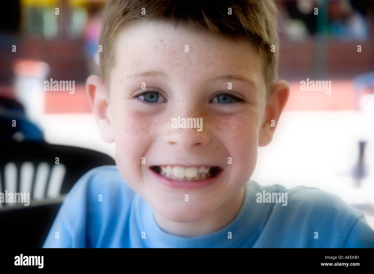 9 year old boy with freckles on holiday in Albufeira Algarve Portugal Stock Photo