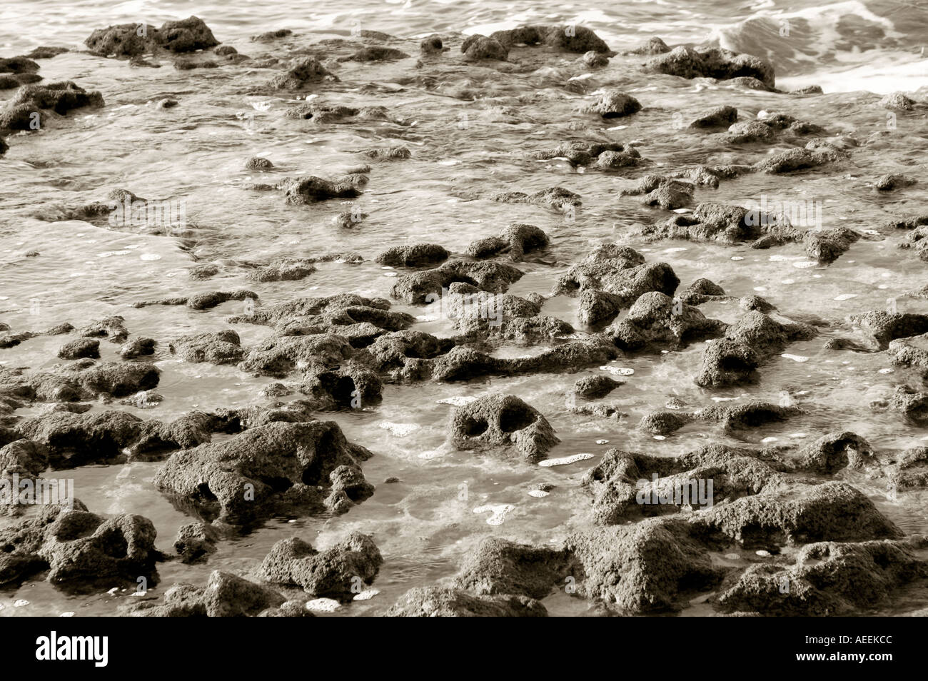 Eroded rocks on Gale beach near Albufeira Algarve Portugal in mono Stock Photo