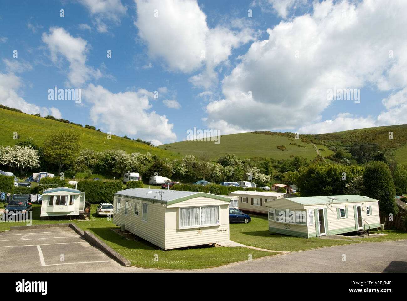 Static caravans at Ulwell Cottage Caravan Park in Swanage, Dorset, England UK Stock Photo