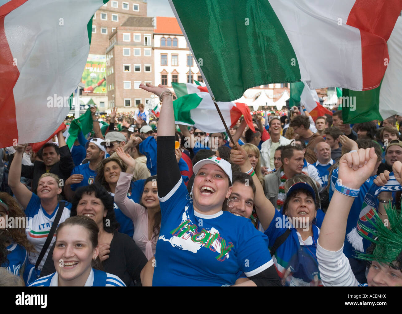 Italian football fans celebrating the victory of their team in the world cup match Italy vs Czech Republic (2:0) Stock Photo
