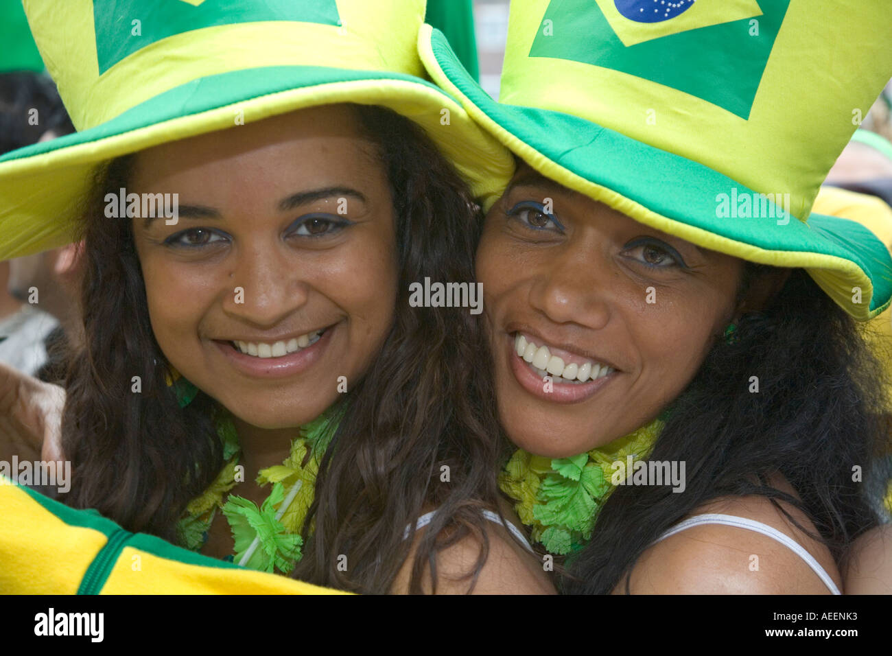 Two female Brazilian football fans rejoicing after the world cup match Brazil vs Ghana (3:0) Stock Photo