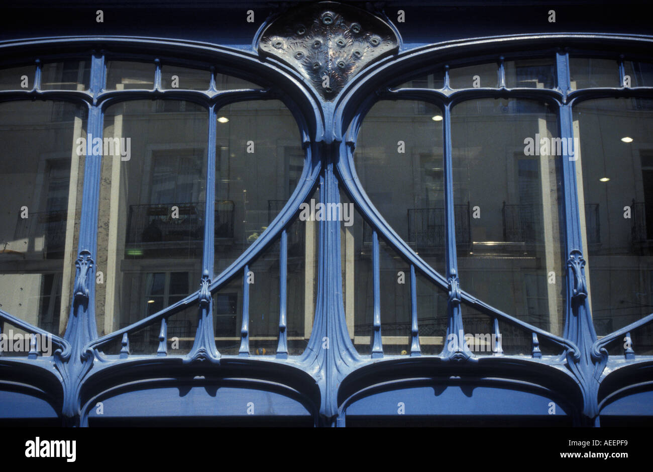 Nancy France Art Nouveau window by Charles E Andre cast metal organic forms peacock feather motif Stock Photo