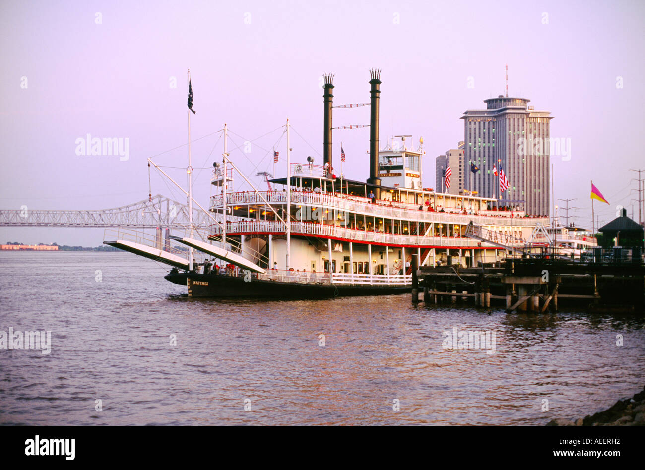 Evening cruise on the River Mississippi, New Orleans, Louisiana, USA. The stern wheeler paddle steamer riverboat Natchez Stock Photo