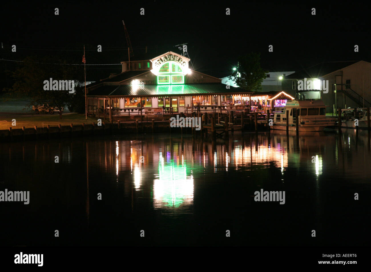 Night-time Reflections From Snappers Restaurant on Cambridge Creek Stock Photo