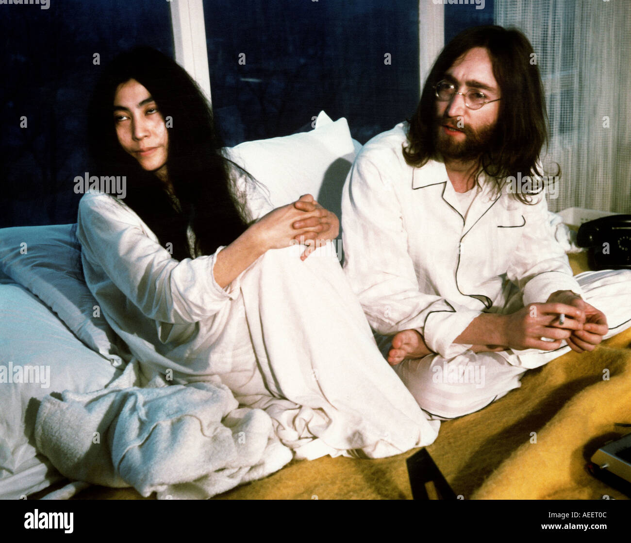 BEATLES John and Yoko during their week long Bed in for peace at Queen Elizabeth Hotel Montreal May 1969 Stock Photo