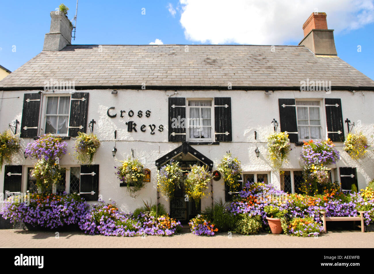 Floral display outside Cross Keys pub in Usk, the town annually competes in both Wales and Britain in Bloom competitions Stock Photo
