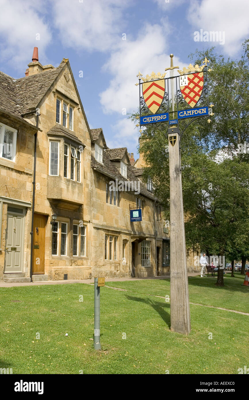 Coats of arms on tall wooden post Chipping Campden Cotswolds Britain Stock Photo