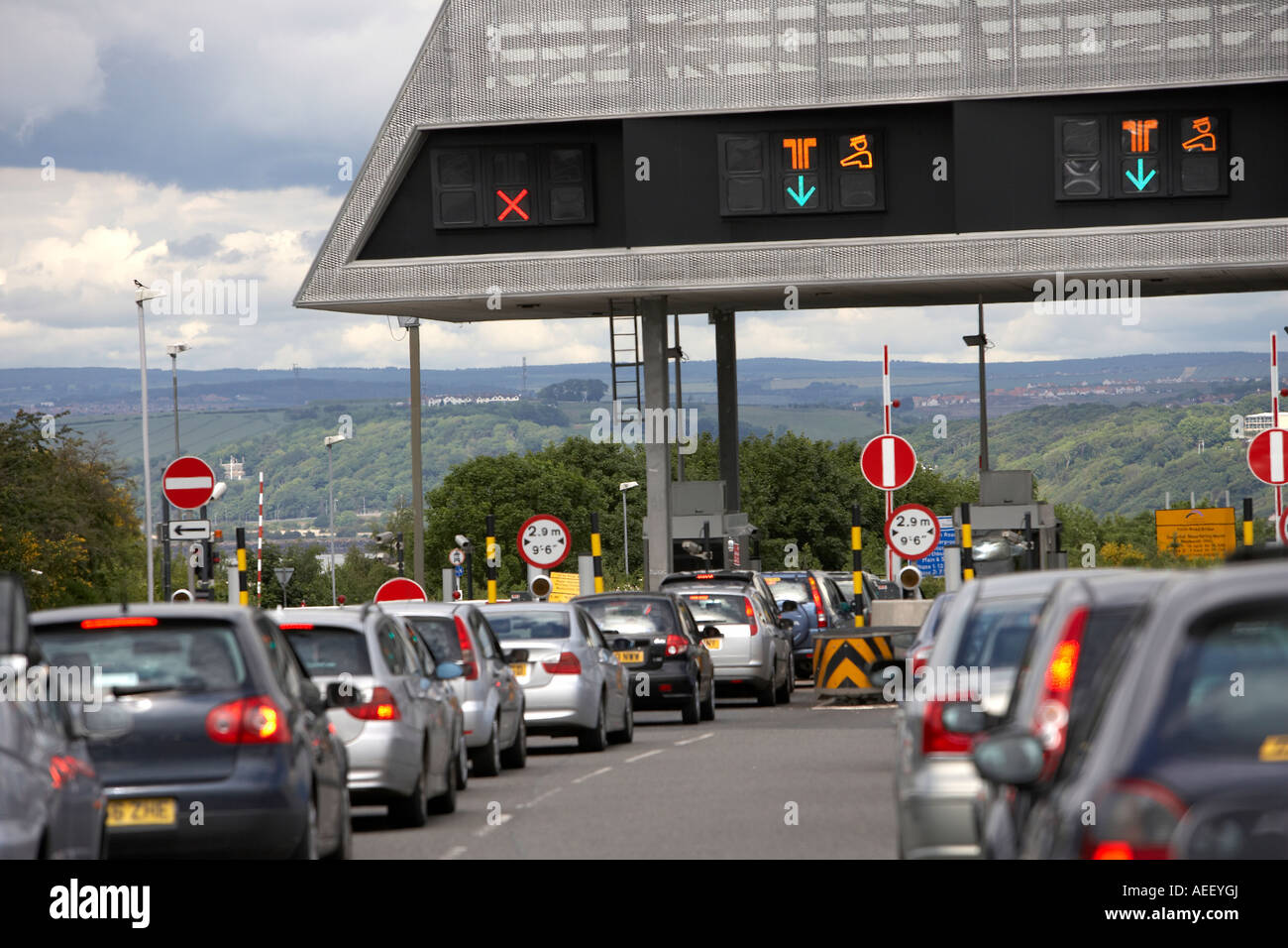 Conjested traffic at the forth road bridge toll booths spanning the