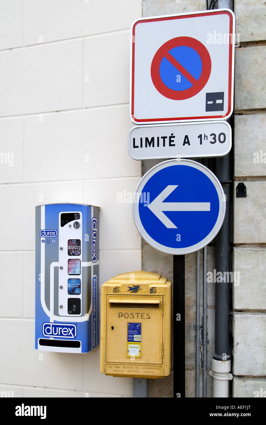 Condom dispenser next to French letter box, ChatillonsurIndre, France Stock Photo Alamy