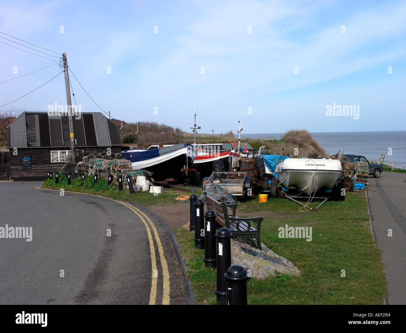 The crab and lobster fishing fleet on the cliff top at Overstrand
