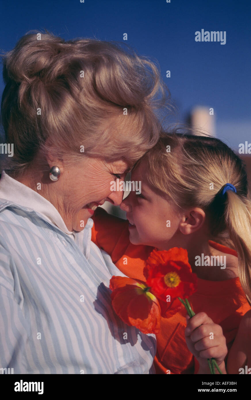 Grandparent child young girl, heads together smiling Caucasian older colorful red orange poppies flowers blue sky copy space closeup close up Stock Photo