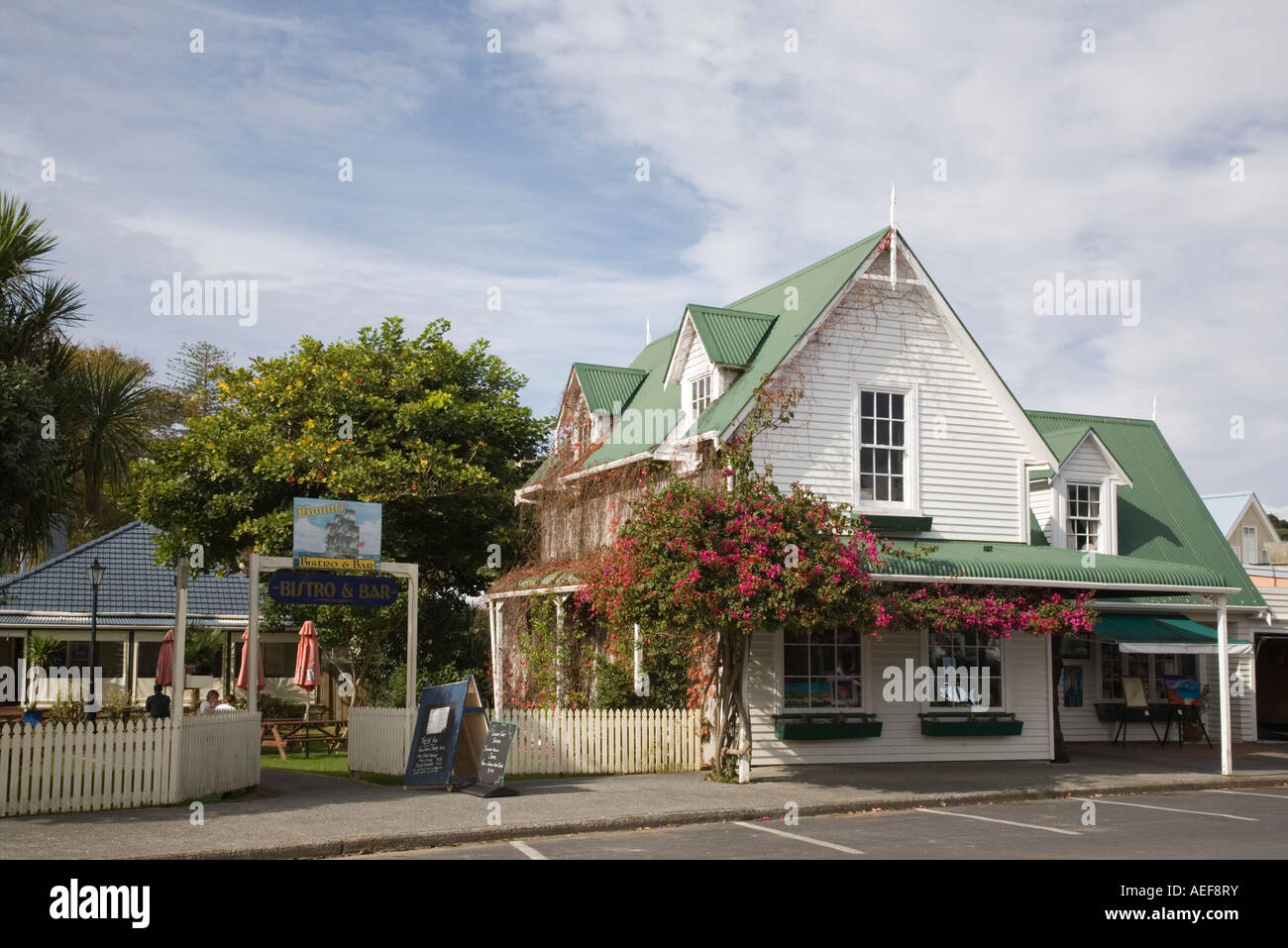 White wooden Bounty Bistro bar building exterior Russell 'Bay of Islands' North Island New Zealand Stock Photo