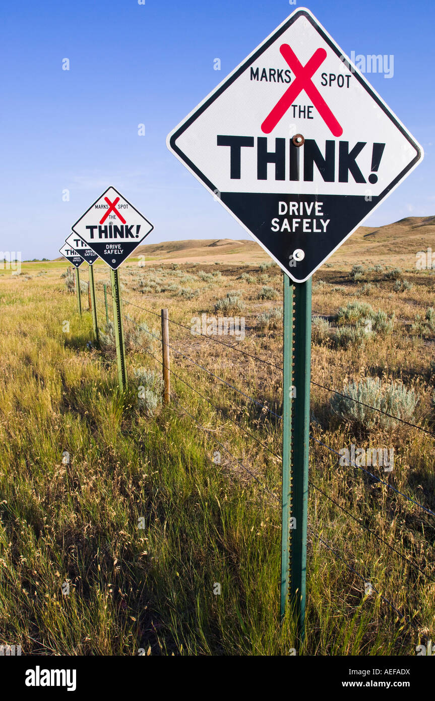 'X Marks The Spot' warning signs (fatality markers) in South Dakota. These signs are placed at the location of each fatal car accident in the state. Stock Photo