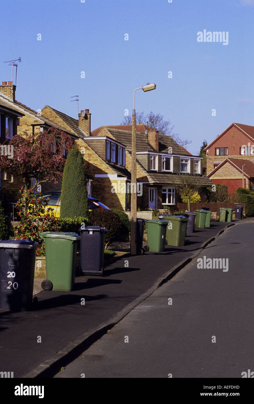 household waste bins and green recycling wheelie bins left out on