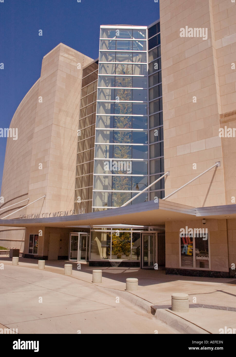 Oklahoma City Museum of Art with Dale Chihuly Glass Tower in Front Window. Stock Photo