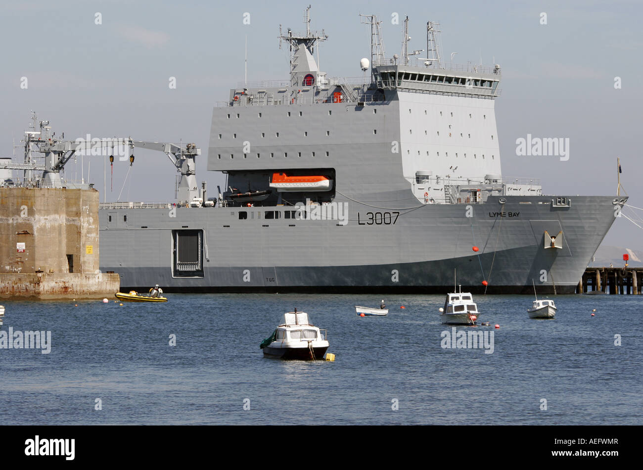 RFA Supply Vessel Lyme Bay moored near to the Mulberry Harbour in Portland Port, Dorset Stock Photo