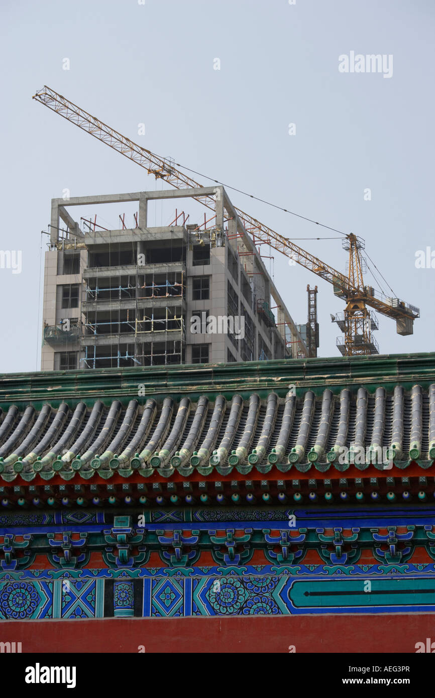 Building work going on behind traditional building, China Beijing Ritan park. Stock Photo
