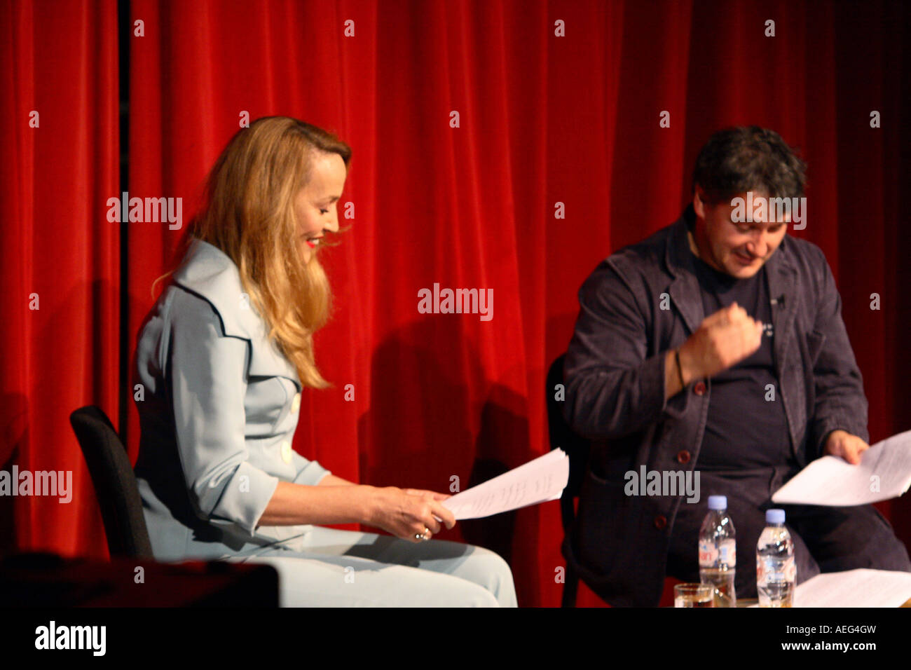 Peter Florence, Director of the Guardian Hay Festival, and Jerry Hall on stage at Ledbury Poetry Festival August 2007 Stock Photo