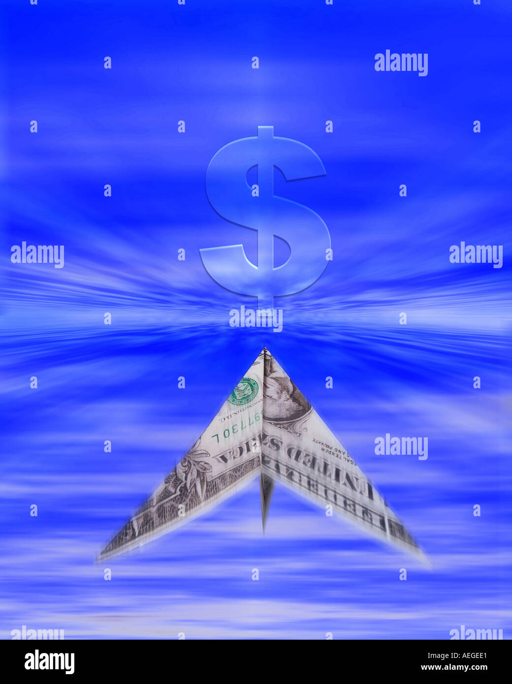Office dollar bill folded paper airplane sky blue motion blur perpective speed background texture future conceptual direction mi Stock Photo