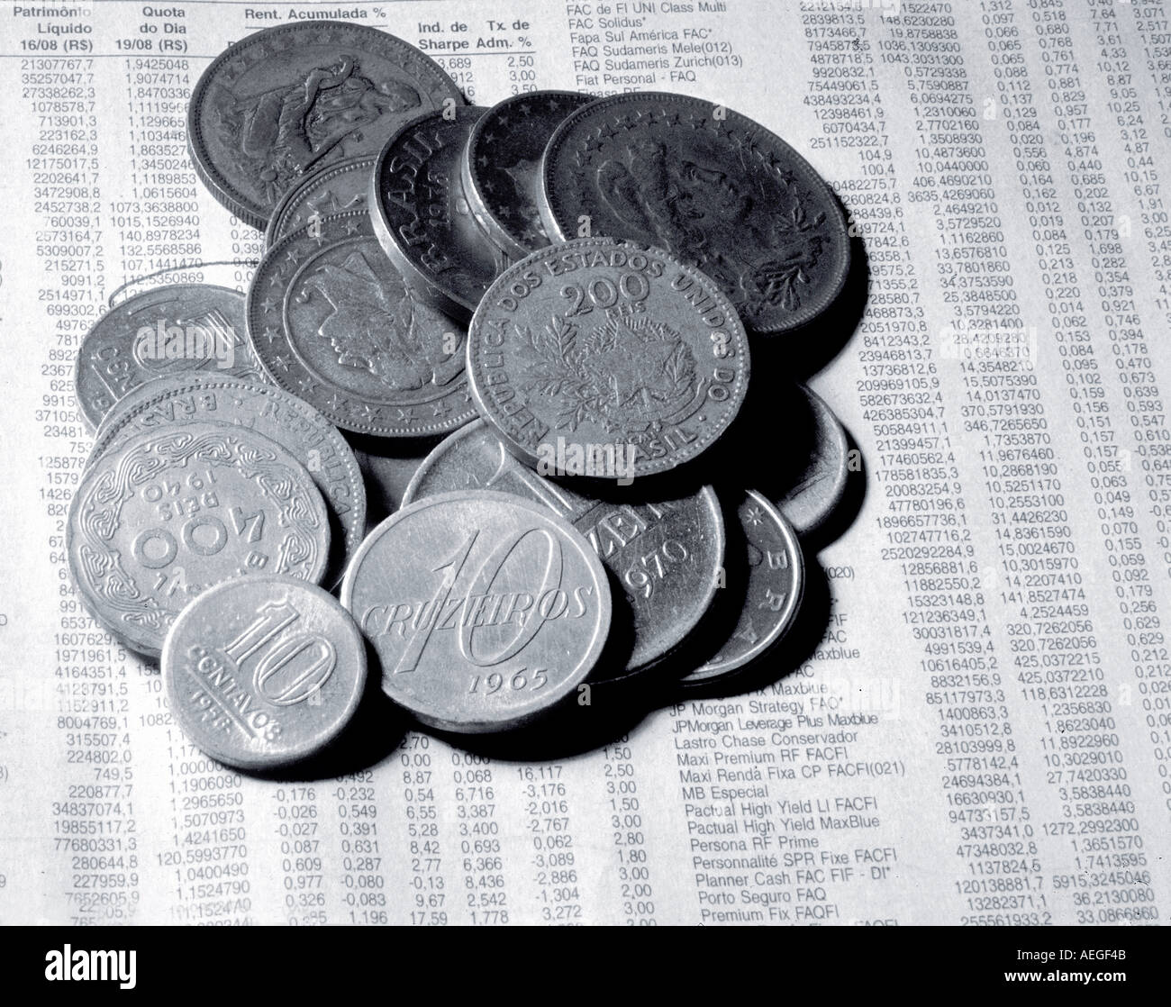 Office coins old newspaper stock shares list black white b w investment currency business finance miscellaneous money Stock Photo