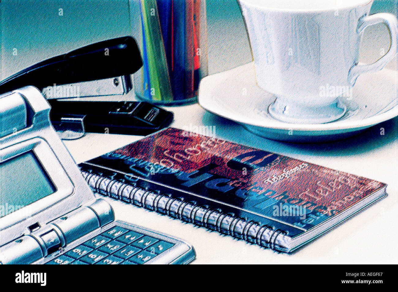 Office calculator stapler address book saucer cup pencil saturated communication business concept Stock Photo