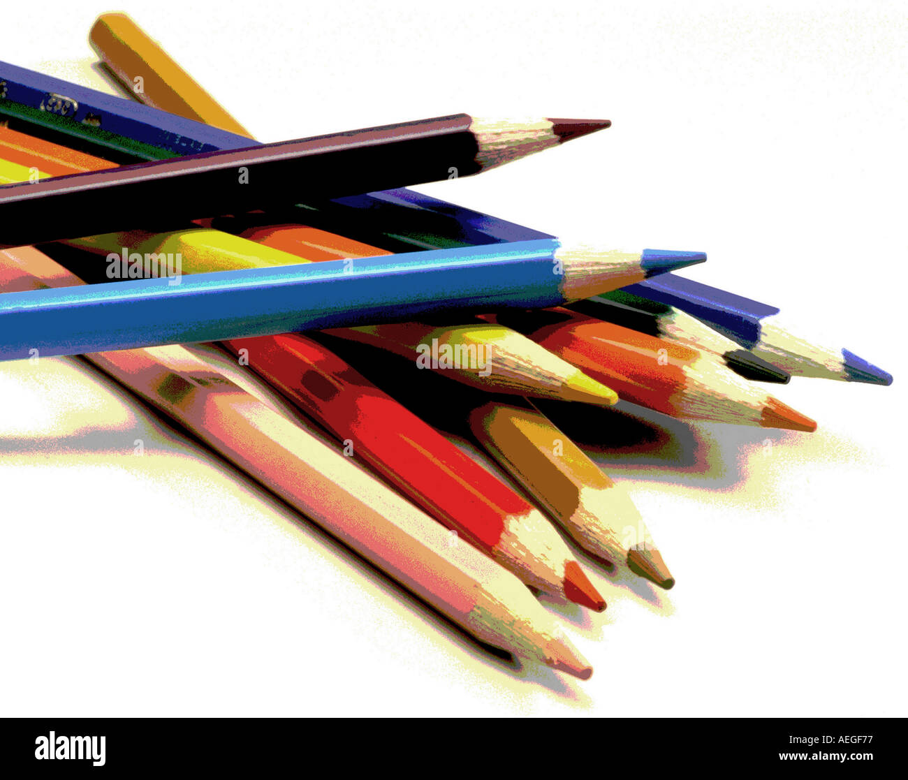 Office pencil pencils colorful color colors crayon crayons overexposed yellow salmon brown blue black education conceptual team Stock Photo