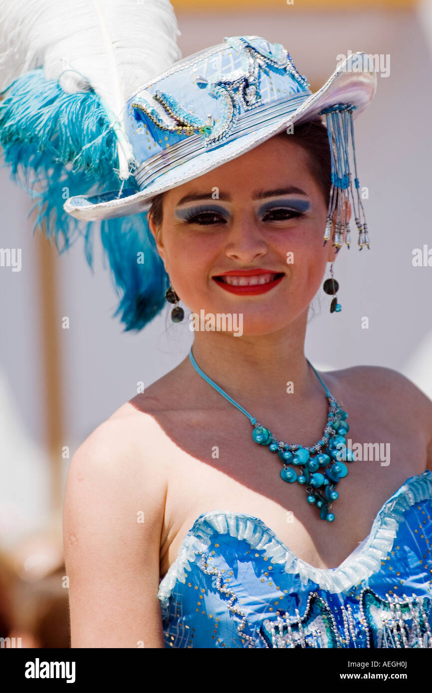 girl of Paraguay carnival dressed in the international fair of towns fuengirola Malaga coast of the sun Andalusia Spain Stock Photo