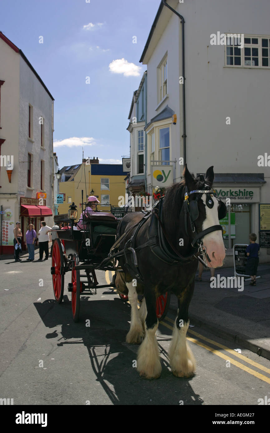 Traditional horse and carriage waits for tourist passengers in popular colourful Welsh holiday resort Tenby Pembrokeshire Wales Stock Photo