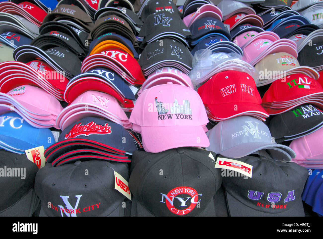 New York baseball caps on sale at street stand in Little Italy Stock Photo  - Alamy