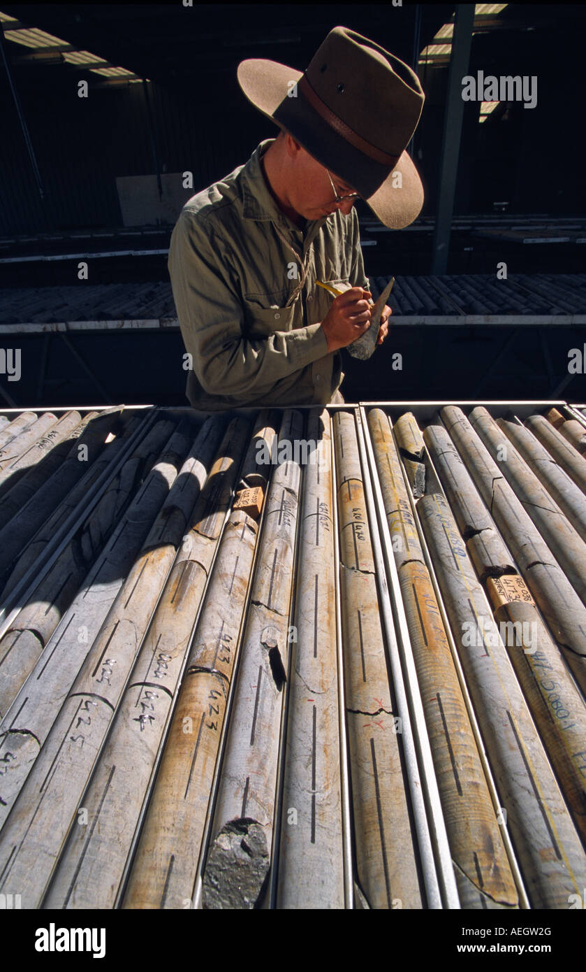Geologist inspecting cores, Australia Stock Photo