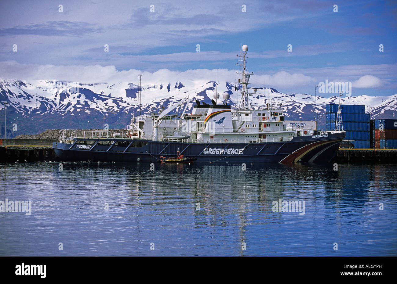 Iceland Husavik, Centre for whale watching, Harbou,r Boat Esperanza from Greenpeace Stock Photo